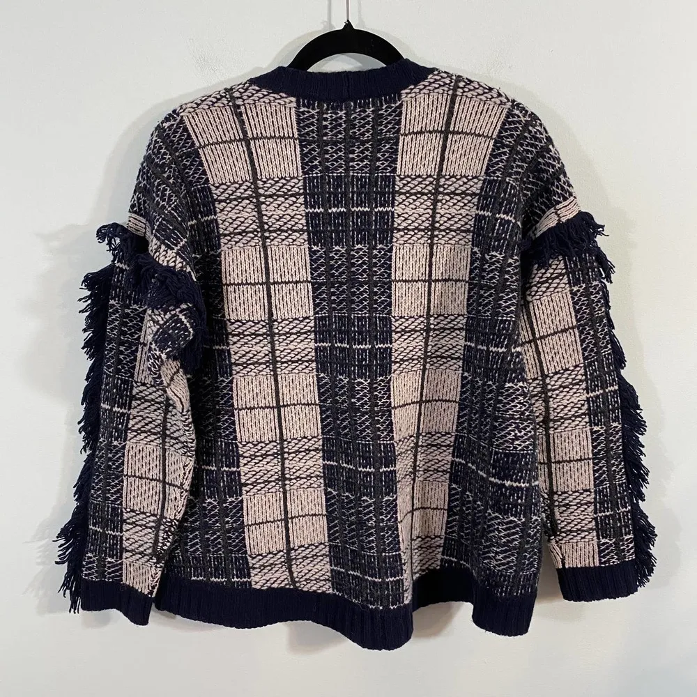 Madewell Women's Navy Plaid Fringe Wool Cardigan Sweater Sz XS NWT - Image 11