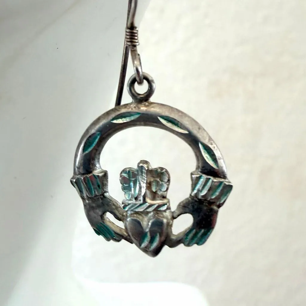 Sterling Silver Claddagh Dangle Earrings Green Inlay Irish Celtic - Image 4