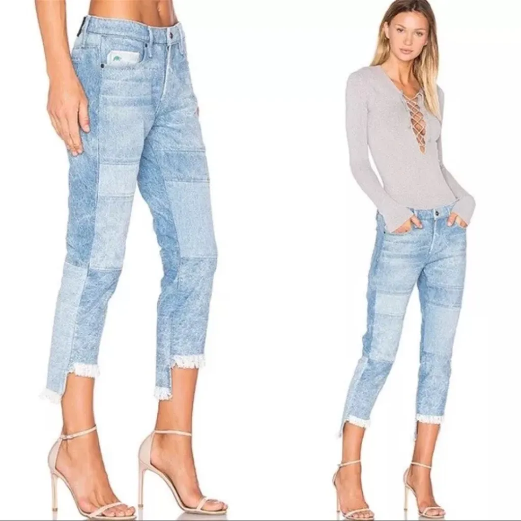 Tortoise Women's Savanna Crop Jeans Patchwork Indigo Two Tone Fringe Size 27 Blue - Image 2