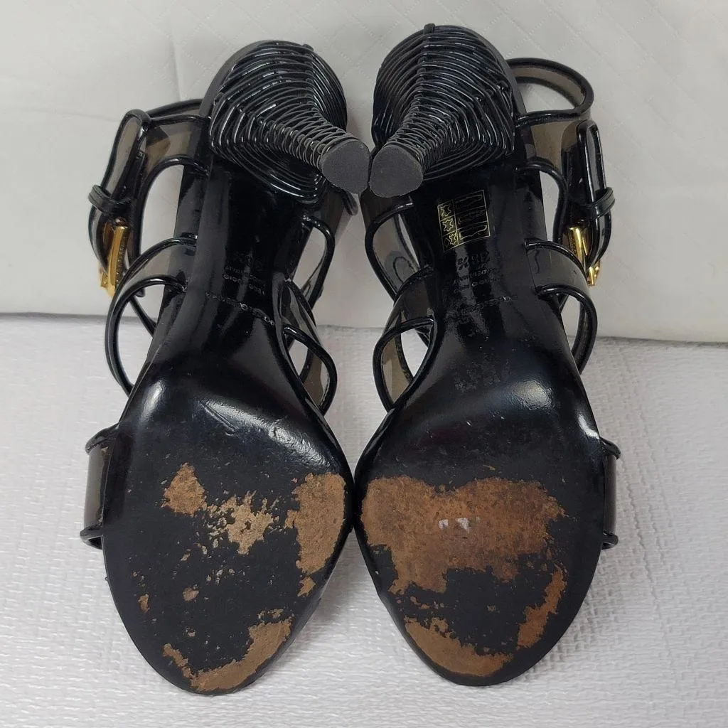 Dolce & Gabbana Black PVC And Leather Strappy Woven Detail Heel Sandals Sz 38.5 - Image 9