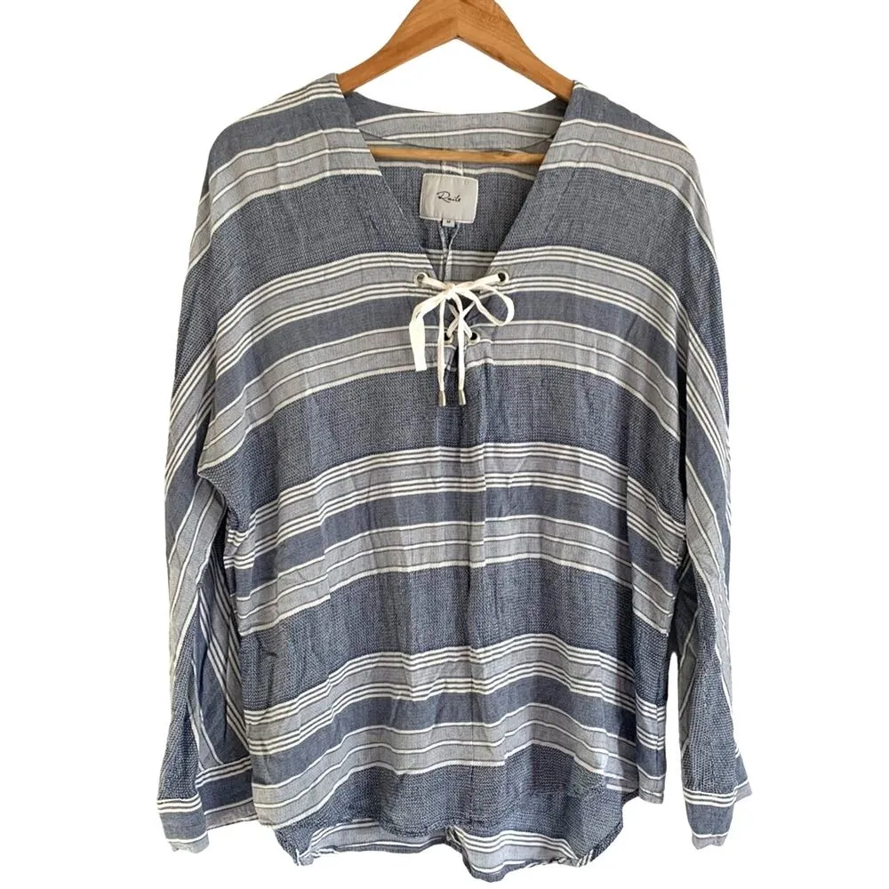 Rails Lily Lace Up Front Long Sleeve Top Blouse Athens Stripe Blue White Medium - Image 2