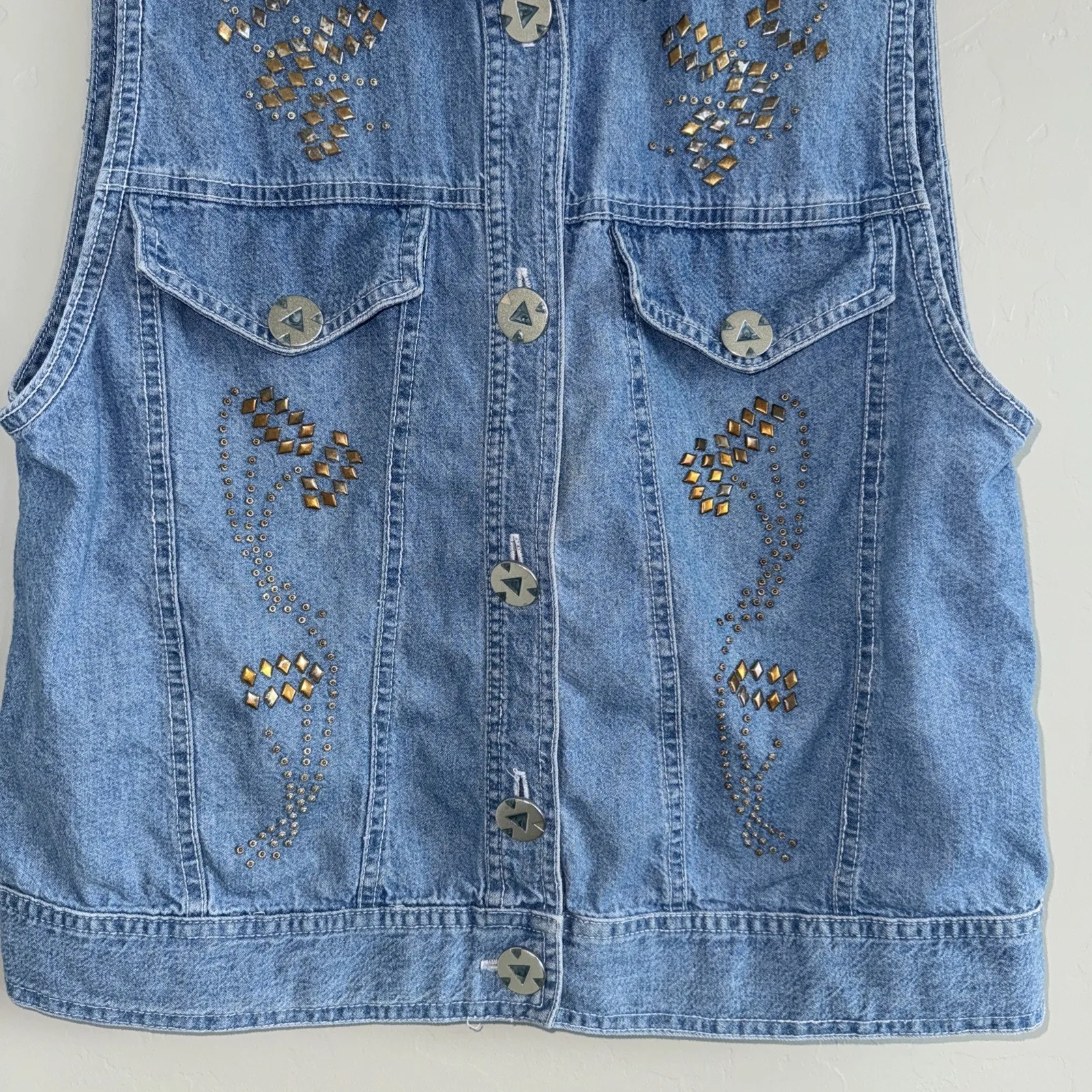 Vintage 90’s Denim Jean Western Vest Woman’s Sz S By M.E.Z.A Turquoise Beaded Blue - Image 3