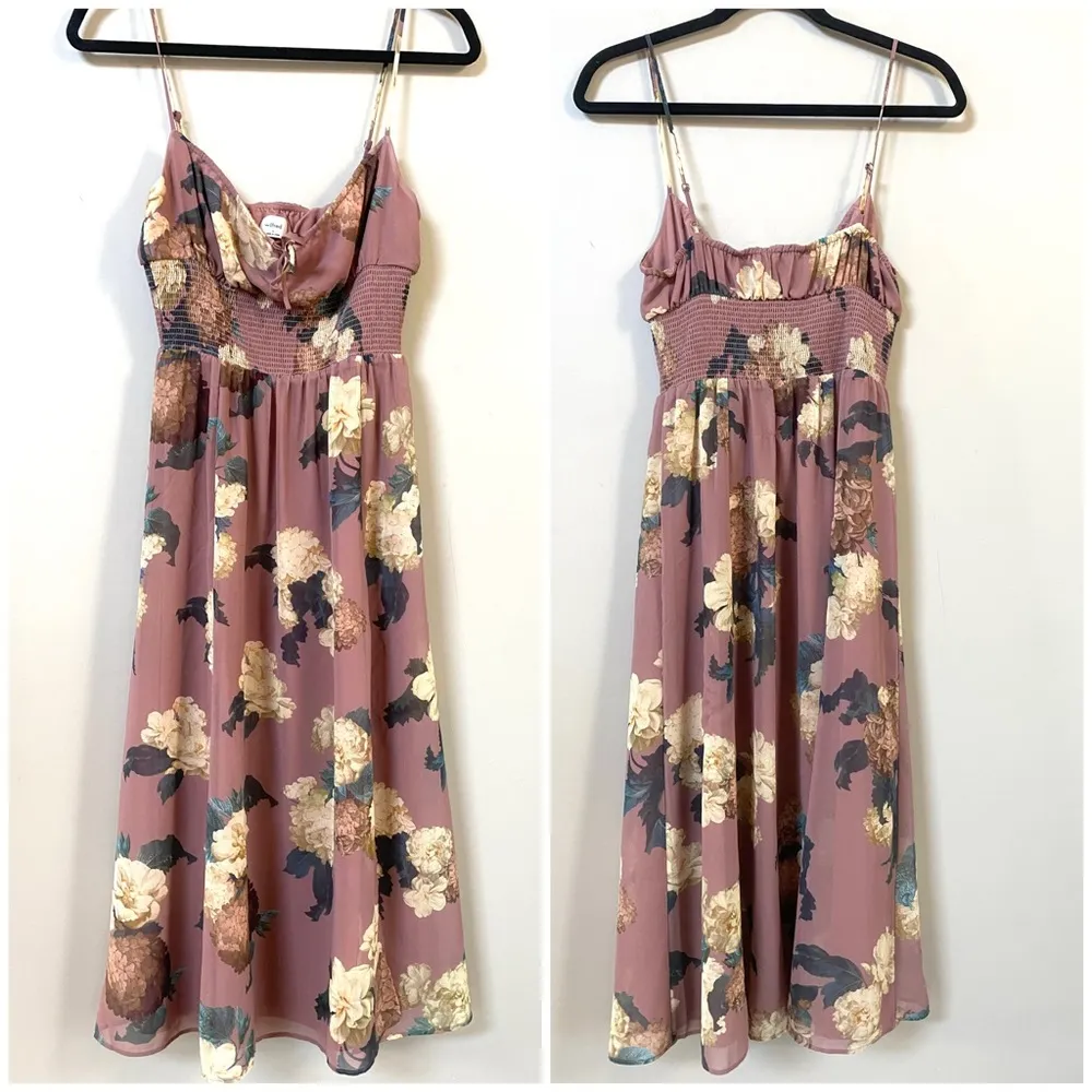 Wilfred Genoa mauve brown smocked side slit floral midi dress Small Purple - Image 7