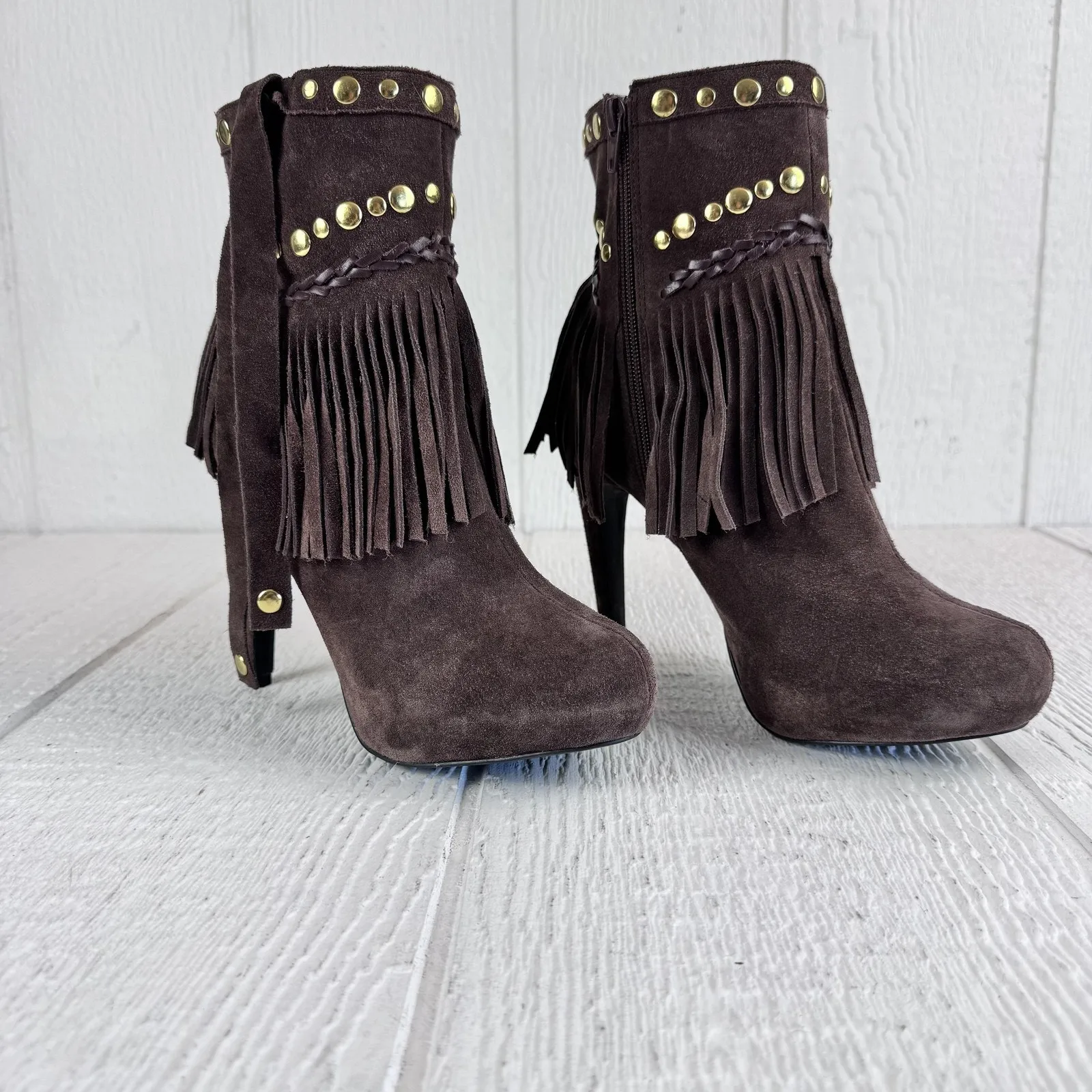 Boston Proper Boots Womens Size 9 Brown Suede Fringe Studded High Heel Booties - Image 4