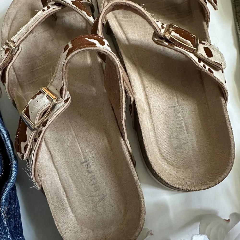 Natural Reflections Cream/Brown Cow Print Buckle Toe Loop Slip On Sandals - Image 6