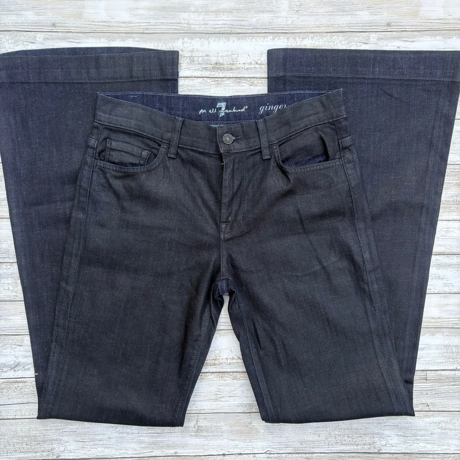 7 for all Mankind Ginger Flare Jeans S 28 Dark Wash Faux Leather Y2K Skater - Image 3