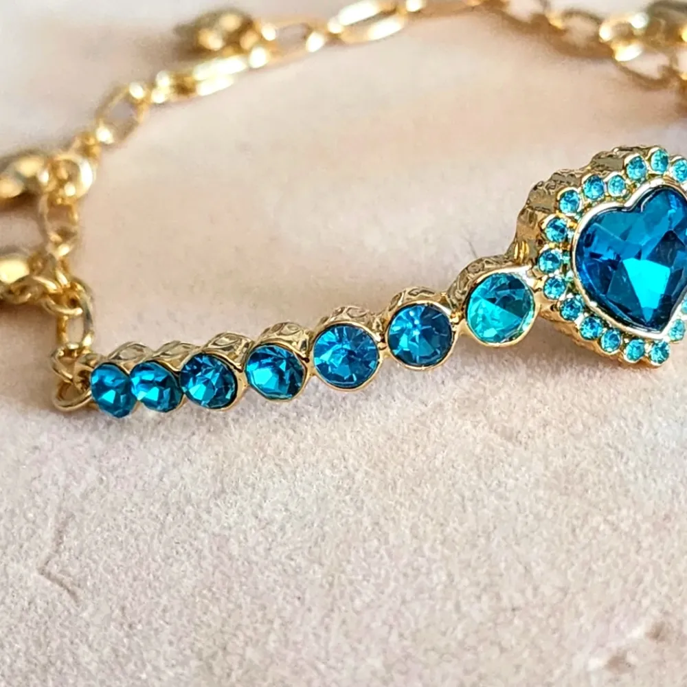 Gold Heart Bracelet with Turquoise Crystal Stones and Heart Charms Blue - Image 2