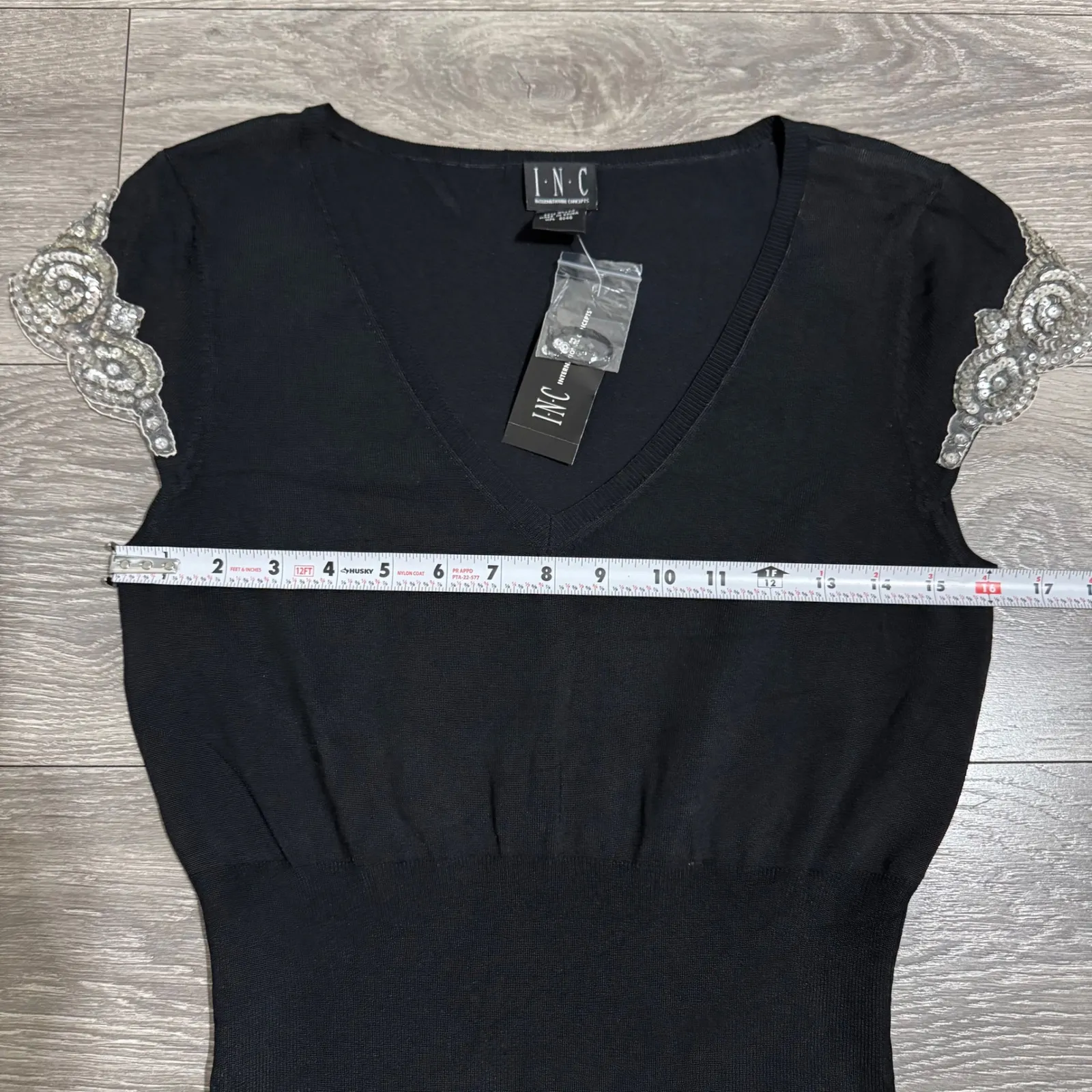 INC International Concepts Black Beaded Sleeve V Neck Knit Goth Top Women Medium - Image 8