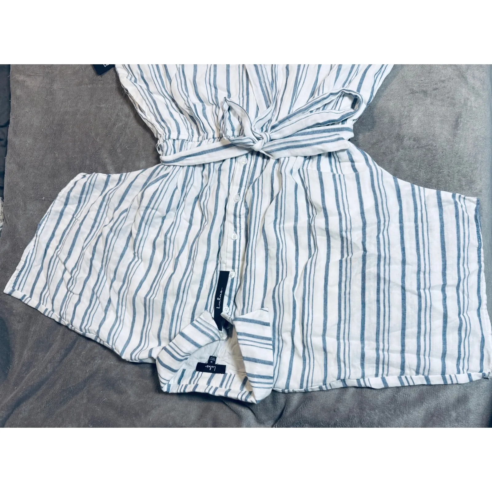 NWT Lulus Medium Sun-Drenched Sweetie White and Blue Striped Button-Up Romper - Image 4