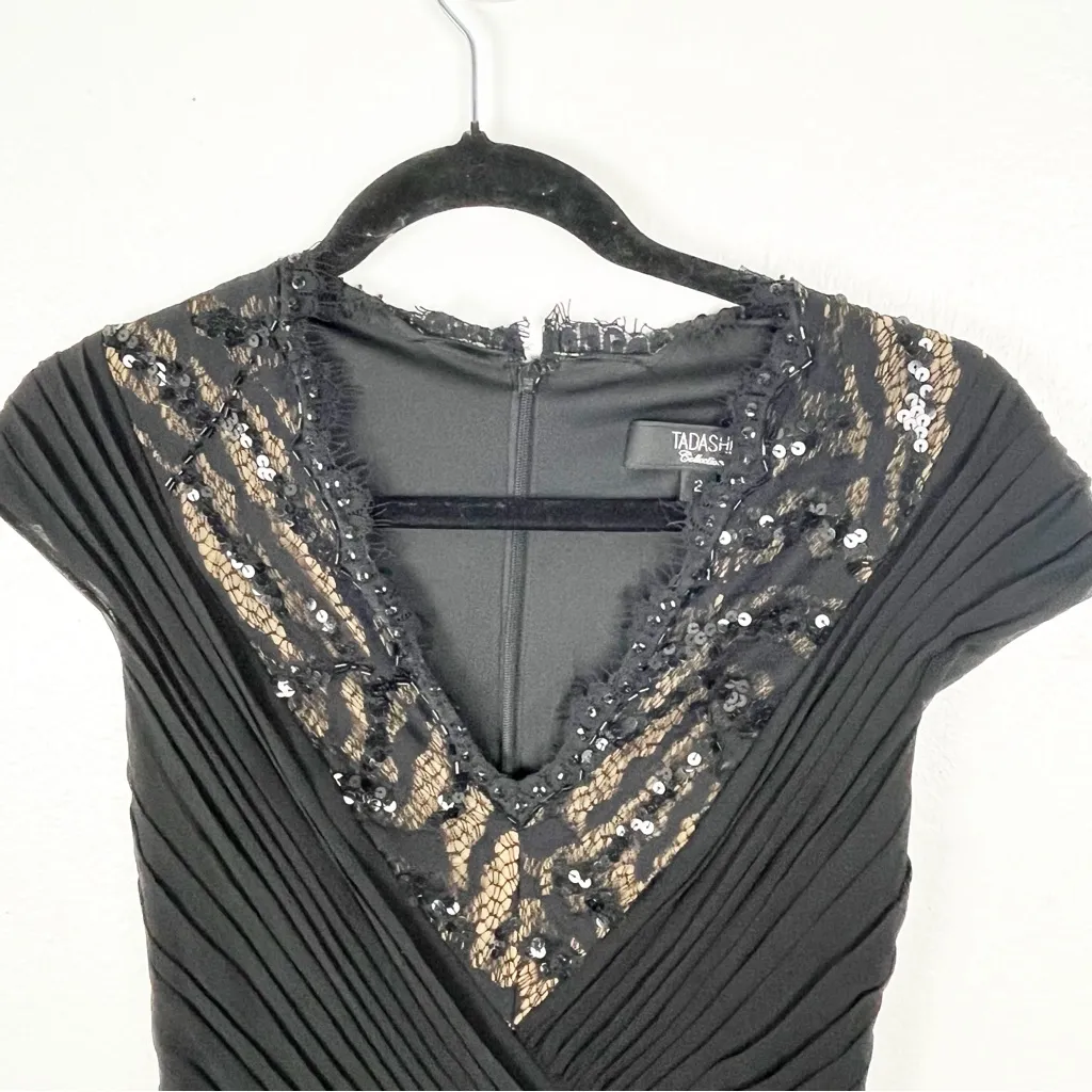 TADASHI Collection 100% Silk Black V-Neck Sequin Long Formal Evening Dress 2 - Image 12