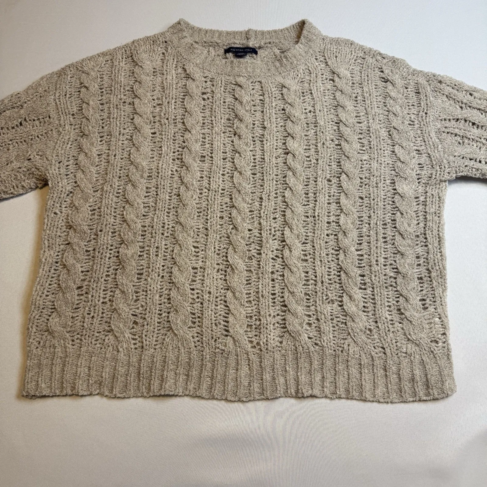 American Eagle Open Cable Knit Tan Sweater Long Sleeve Cozy Trendy Casual Sz S # - Image 2