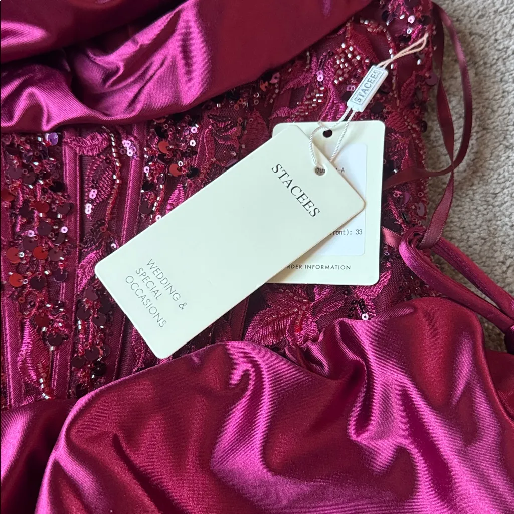 Stacees Burgundy Mini Corset Sequin Beaded Cowl Dress SIZE 4 - Image 4