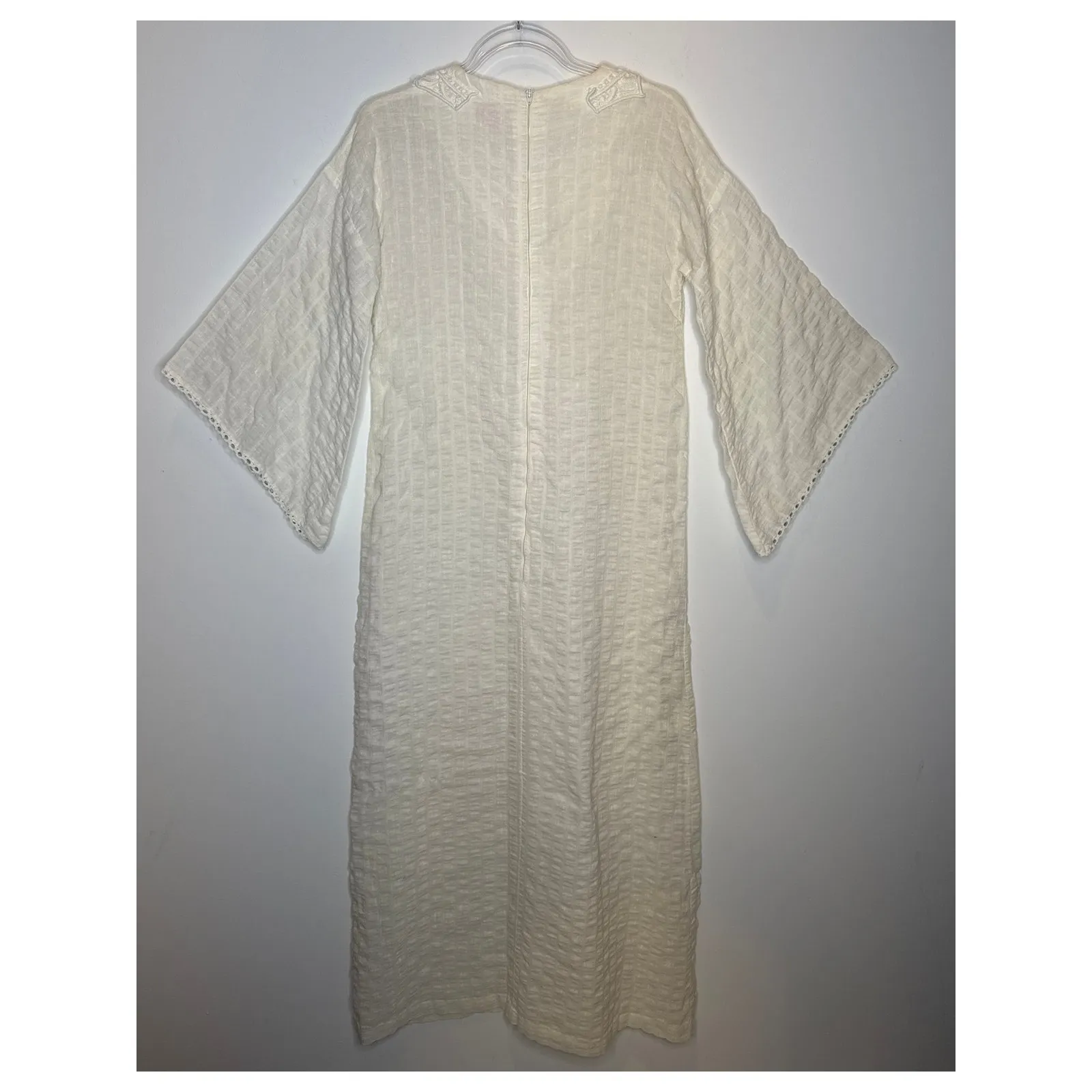 1970s Evelyn Pearson Embroidered Muslin Boho Dress with Bell Sleeves small - Image 9
