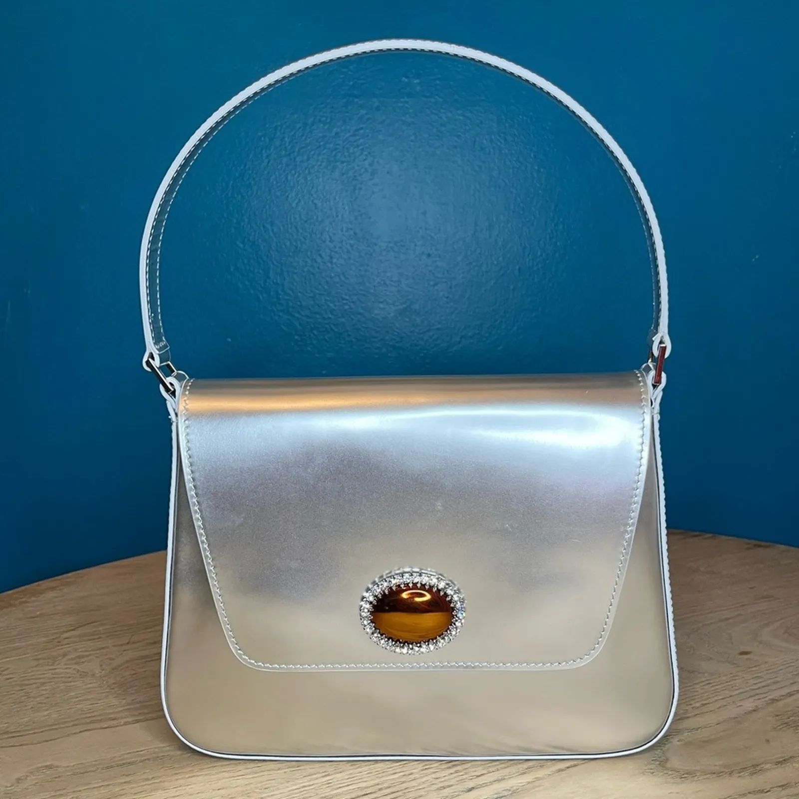 Valentina Rangoni Perfetta Cameo Jewel Shoulder Bag Silver Calfskin Leather - Image 1