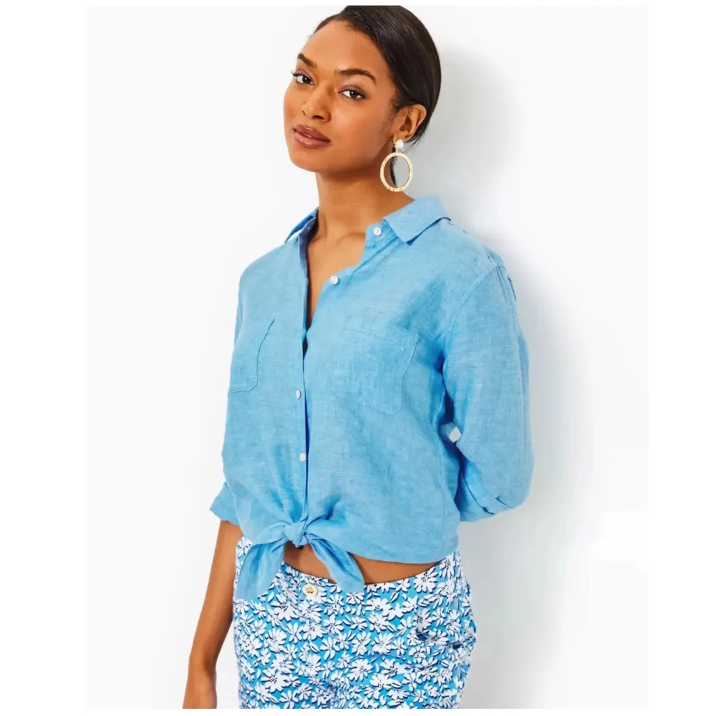 NEW Lilly Pulitzer Sea View Linen Button Down Top Beckon Blue & Sea Salt Shirt - Image 7