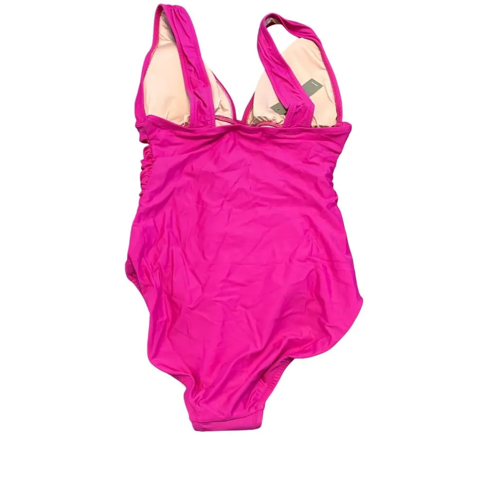 J. Crew Fuchsia Pink Ruched V Neck Plunge One Piece Swimsuit SZ 8 Beach Vacation - Image 7