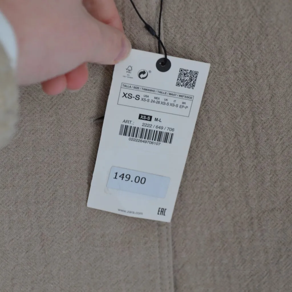 NEW Zara Double Breasted Long Coat Mink Light Beige XS S Textured Cotton Lapel - Image 7