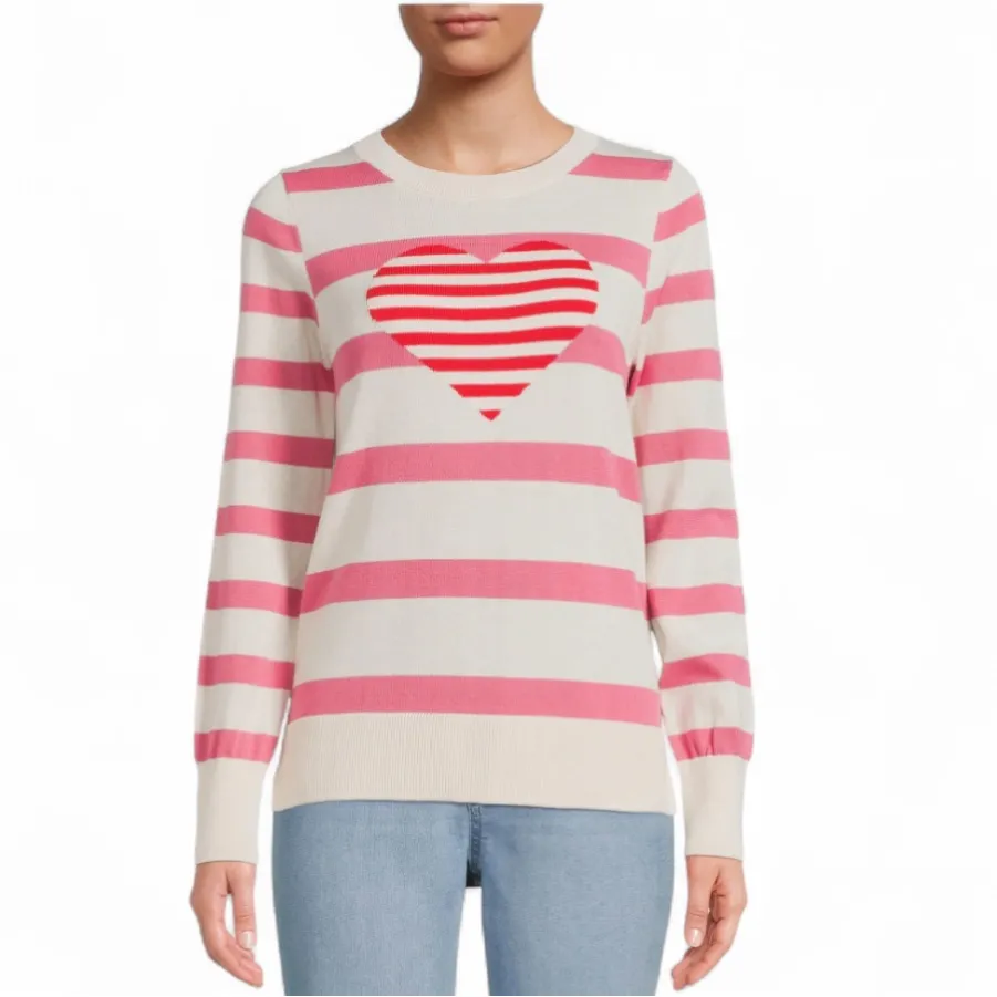 Pink Cream Striped Crewneck Knot Sweater Heart Lightweight Pullover Womens XL - Image 2