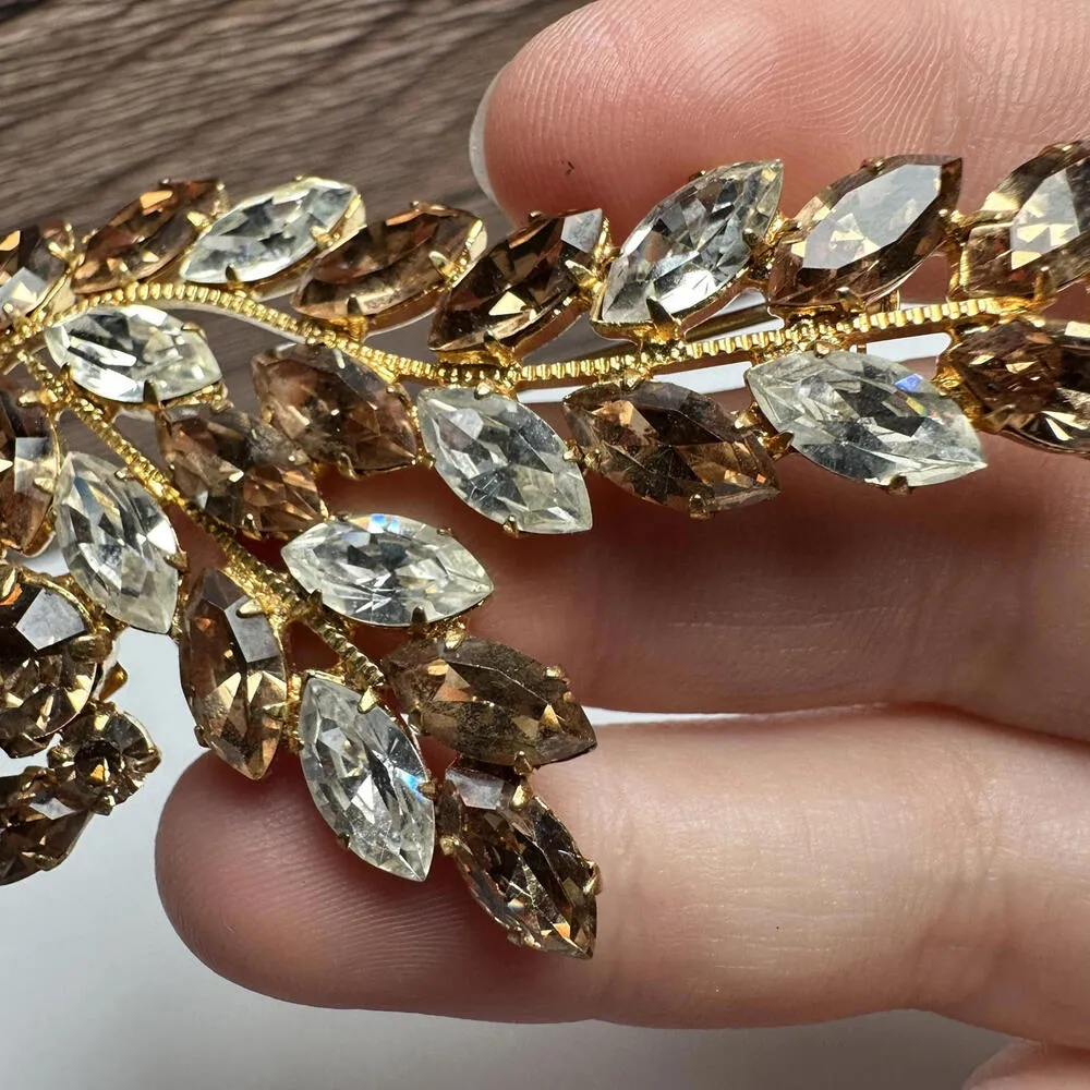 Made In Austria Brown & Clear Rhinestone Spray Gold Tone Brooch Pin Vintage - Image 5