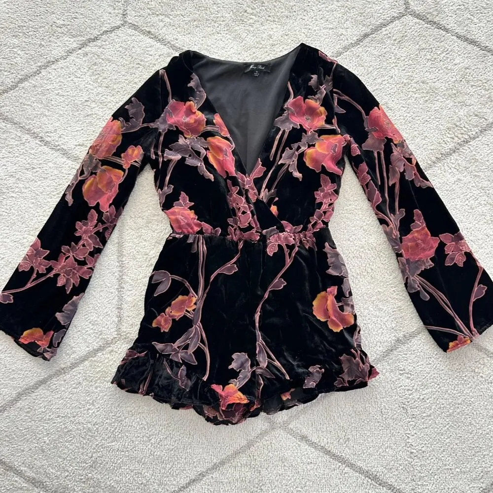 Honey Punch Long-Sleeve Floral Velvet Festival Romper Deep V-Neck & Ruffle Hem - Image 2