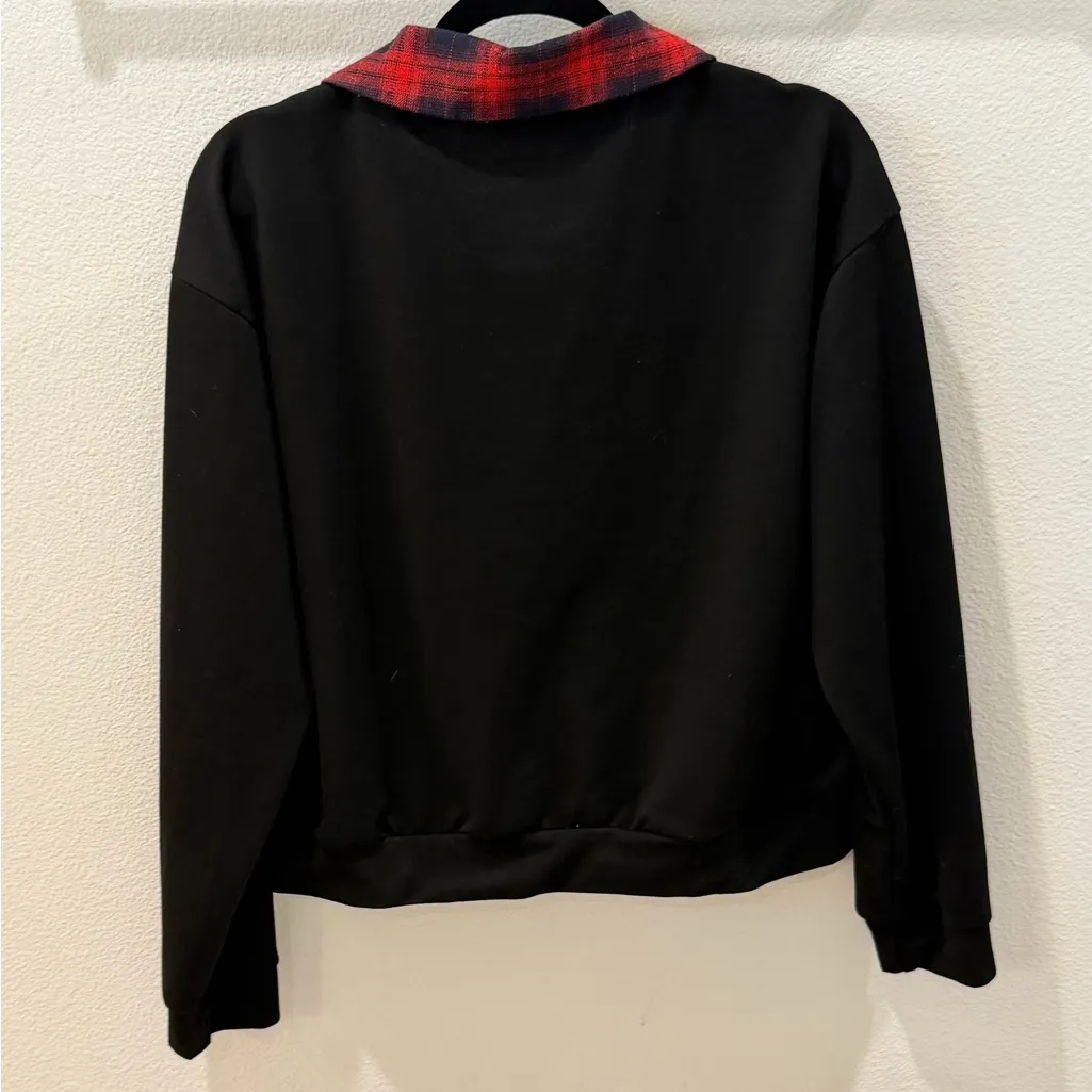 SweatyRocks Black Mushroom Embroidered Sweatshirt w/ Plaid Peter Pan Collar L - Image 4