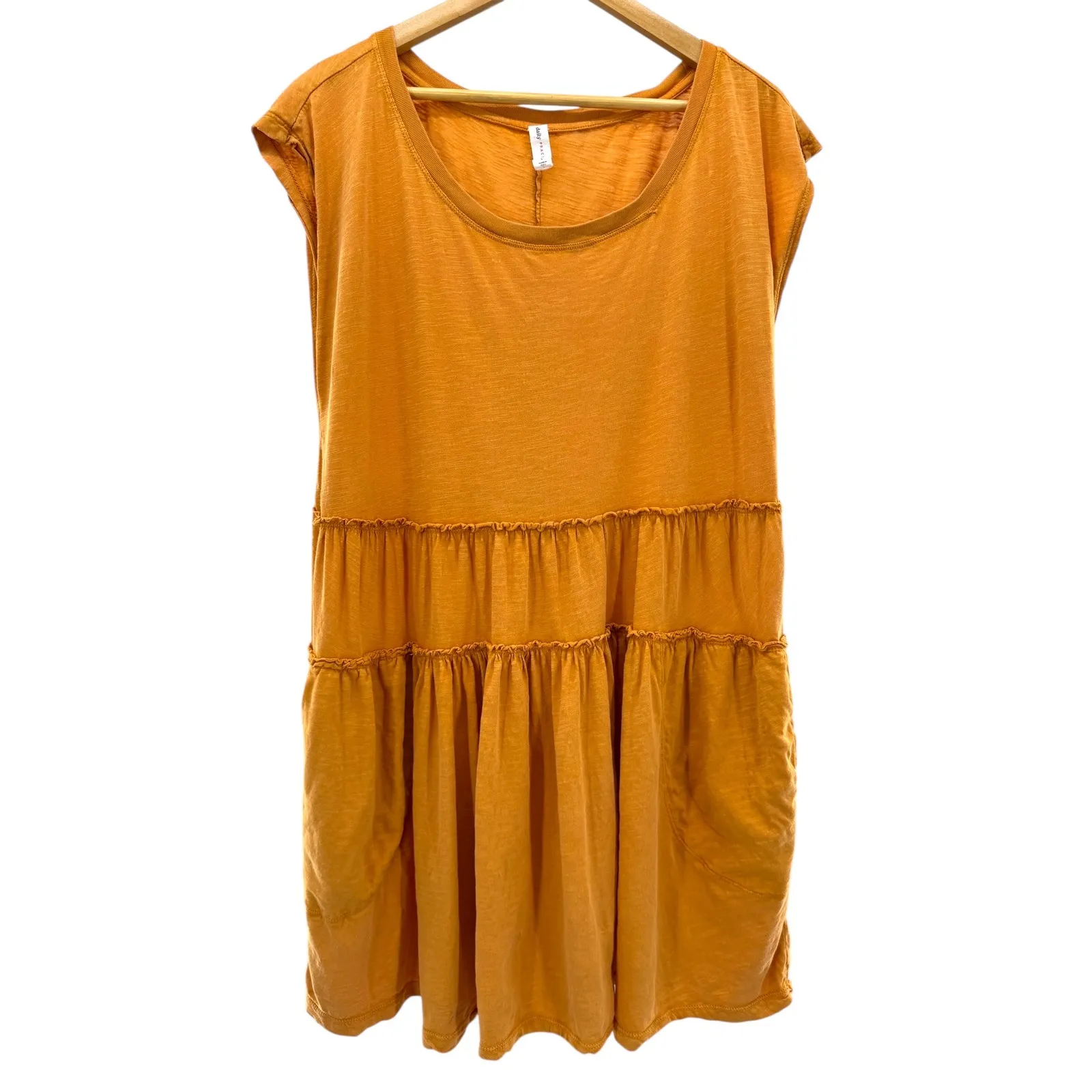 Daily Practice Anthropologie Bonita Tiered Dress Mustard Yellow Cotton L Pockets Orange Size L - Image 10