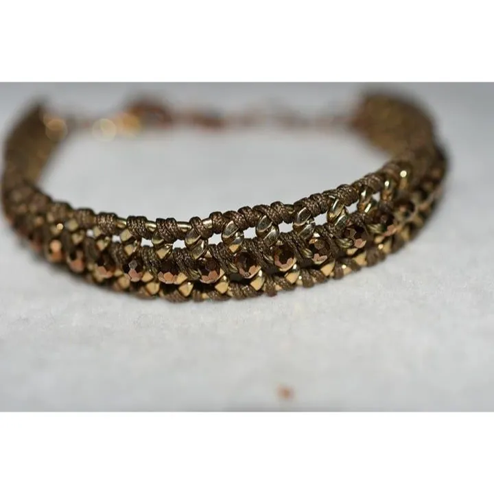 Stella & Dot Gold Tone Brown Rhinestone Metal& Leather Woven Band Bracelet - Image 2