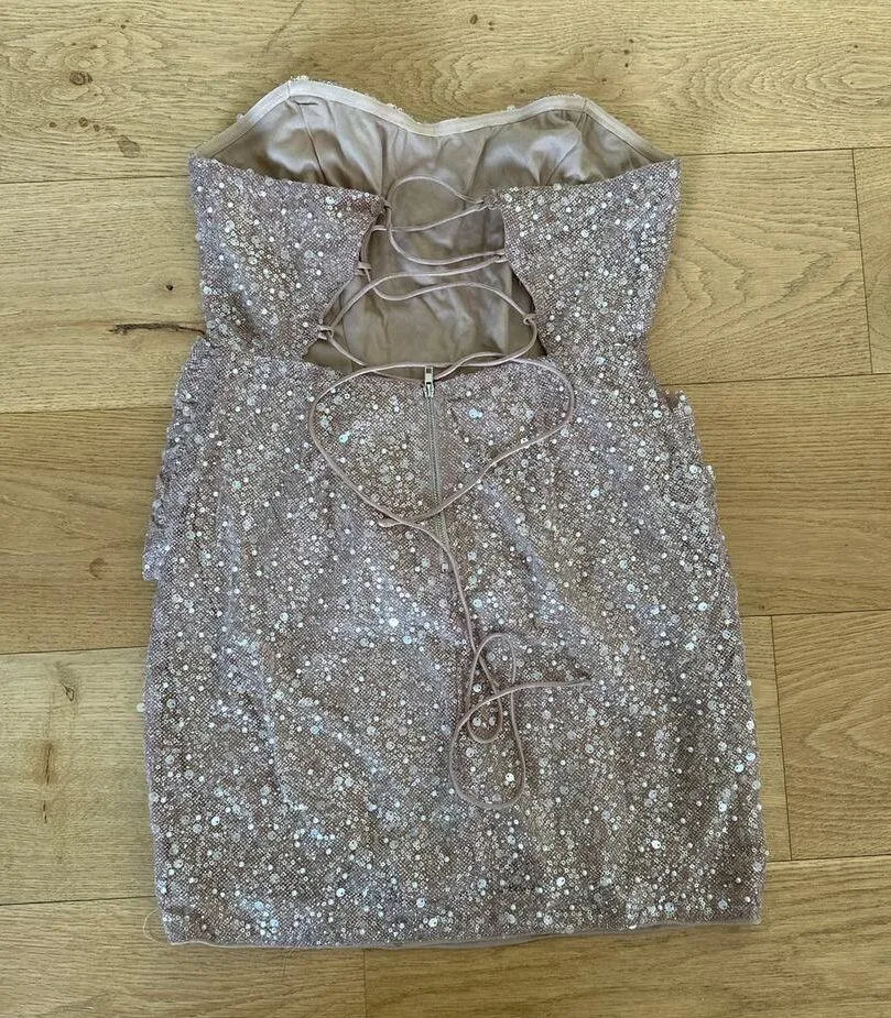 Lulu’s - Vivacious Lace Up Strapless Sparkly Mini Dress in Champagne - Image 3