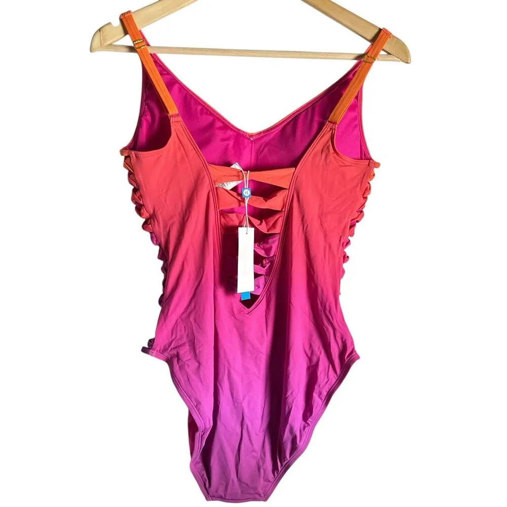 Bleu Rod Beattie Cool Breeze Pink Lace Up Sides Ombre V-Neck One Piece Swimsuit - Image 9