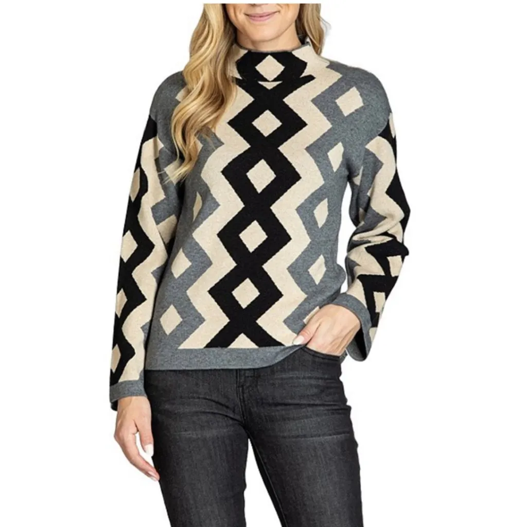 APNY Sweater Funnel Mock Neck Diamond Argyle Design Black Gray Beige Small - Image 5