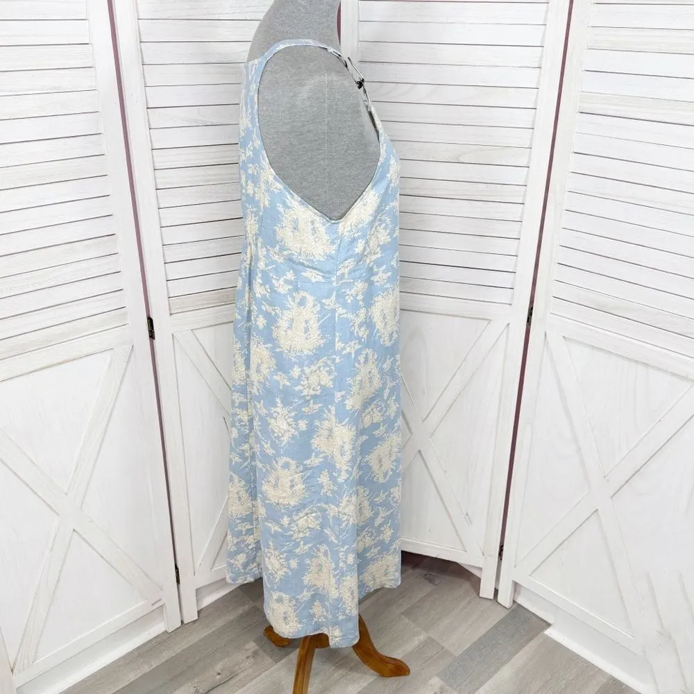 Vintage Match Floral Toile Print Linen Overall‎ Jumper Midi Dress Blue Medium - Image 3