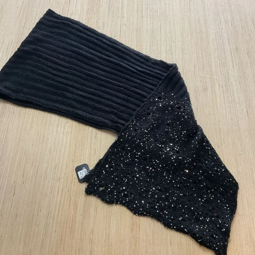 Avenue Black Ribbed Sequenced Knitted Scarf Classy New - Image 2