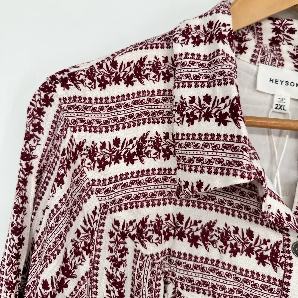 Heyson Floral Stripe Button Down Midi Shirt Dress in Wine size 2X Long Sleeves Red - Image 4