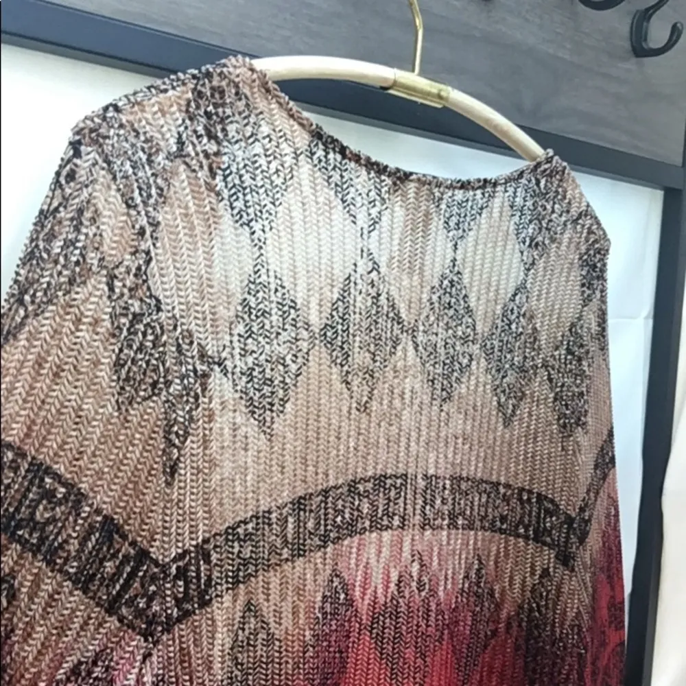 Women’s Ombré Open Front Pleated Textured Bohemian Ombré Print Cardigan Red Size 1X - Image 11