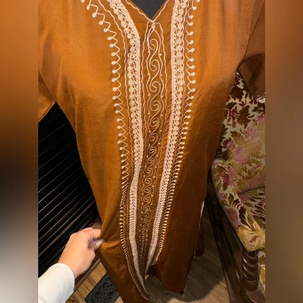 Sari Sapne Dress Dark Senape Cream Embroidery Size Small Orange - Image 2