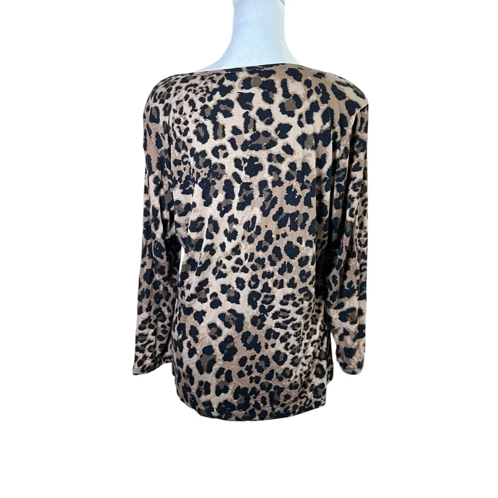SUNNY LEIGH Womens Stretch Cheetah Print Top 3/4 Sleeve Square Neck Mobwife Sz L - Image 4