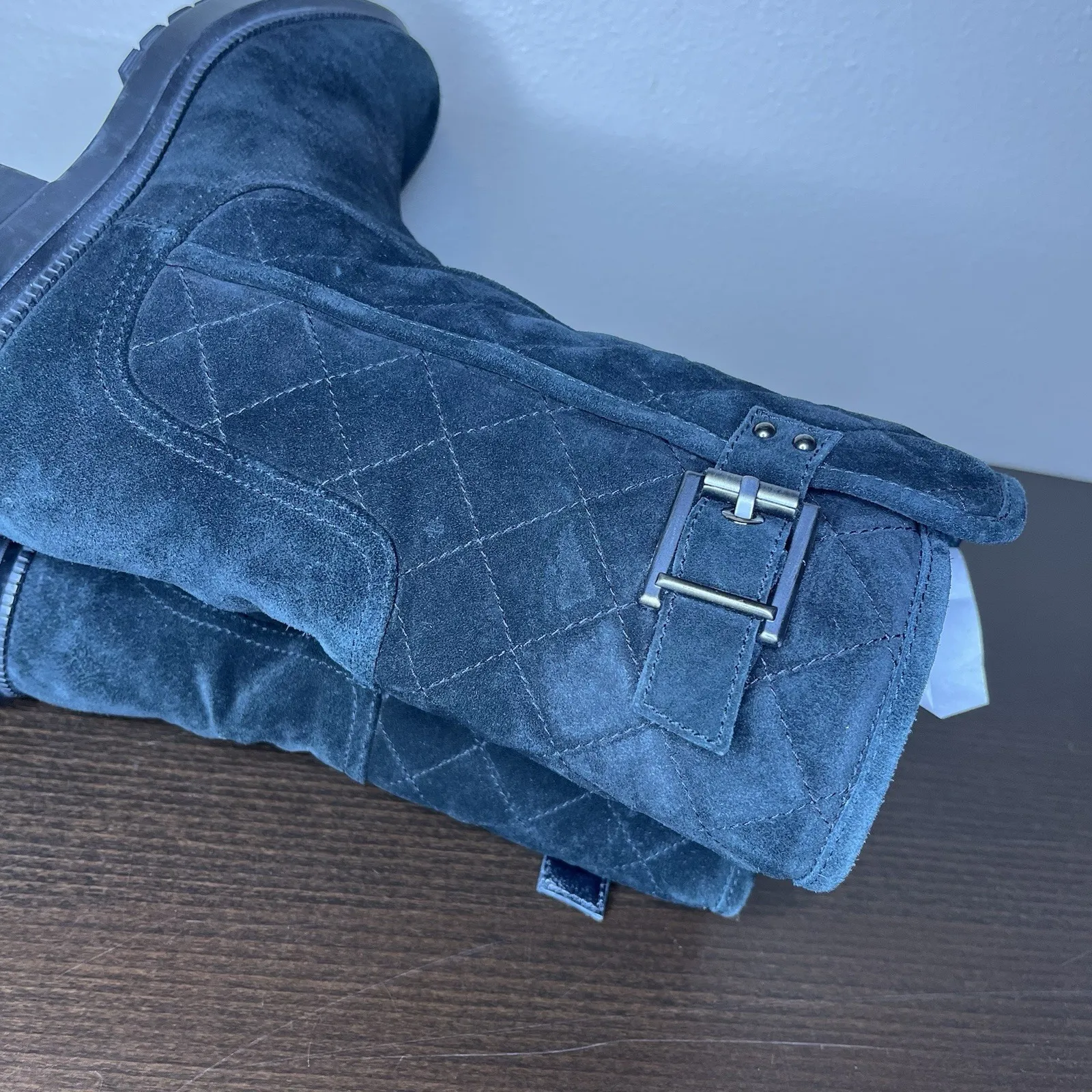 aquatalia boots 7.5 Quilted Black Buckle Minimalist Heeled Mid Calf Suede Riding - Image 6