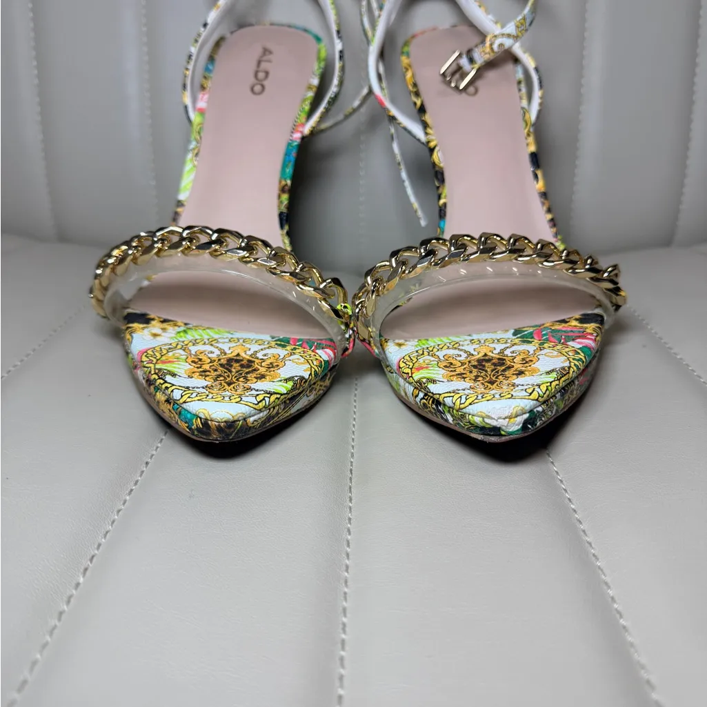 Aldo Women's Floral Gold Chain Heels size 9 stiletto shoes - Image 5