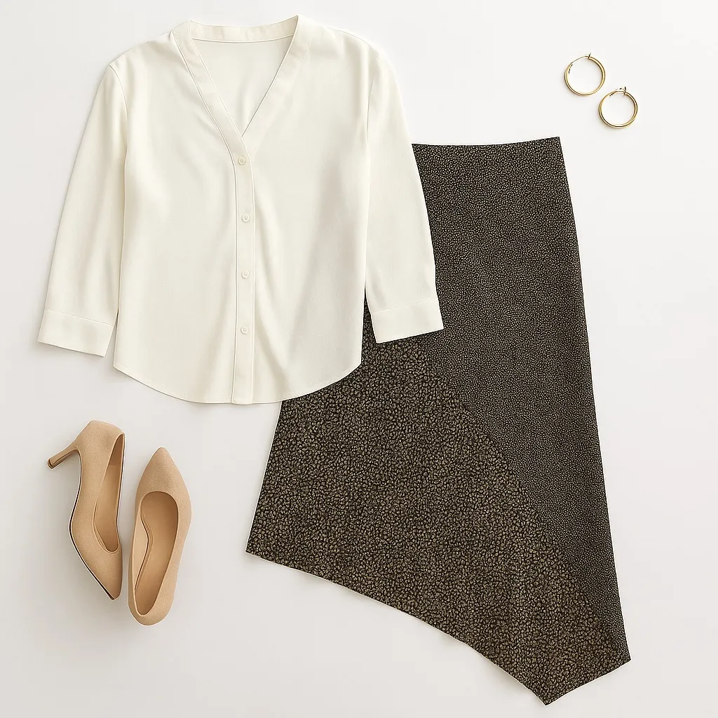 Max Studio 100% Silk Asymmetrical Midi Skirt Small Black Brown White in EUC - Image 11