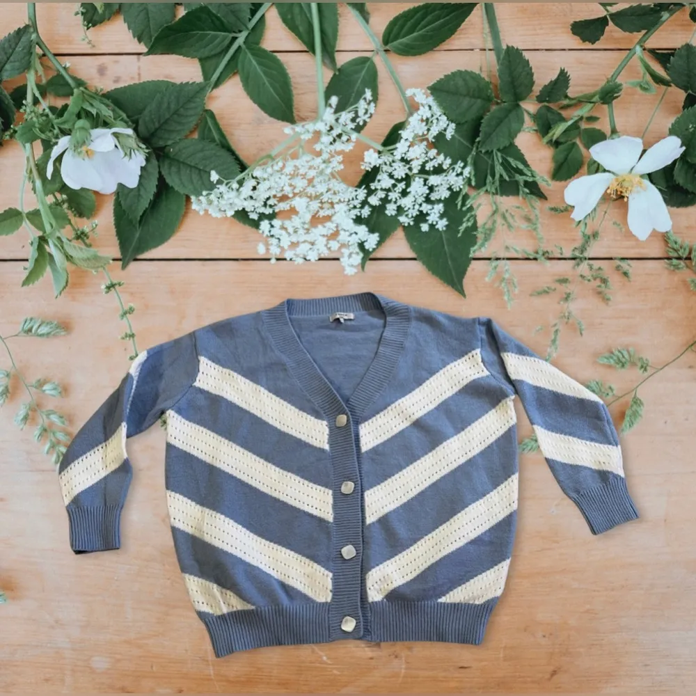 FRNCH Blue & White Open Front Lahlia Cardigan Size M Knitting long sleeves - Image 2