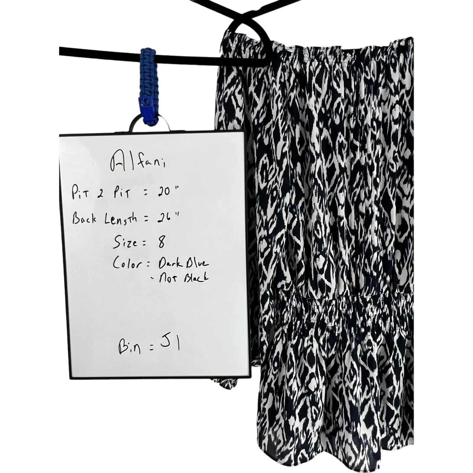 Alfani Navy/ White Graphic Tie Boat Neck Top Size 8 Flounce Boho Cottage Hippie - Image 3