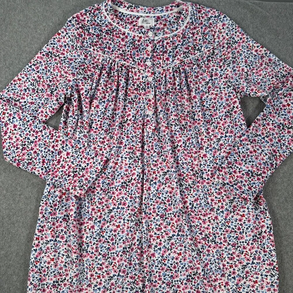 Aria Collection Nightgown Robe Mumu Women's Small Fleece Pink/Blue Floral Button - Image 3