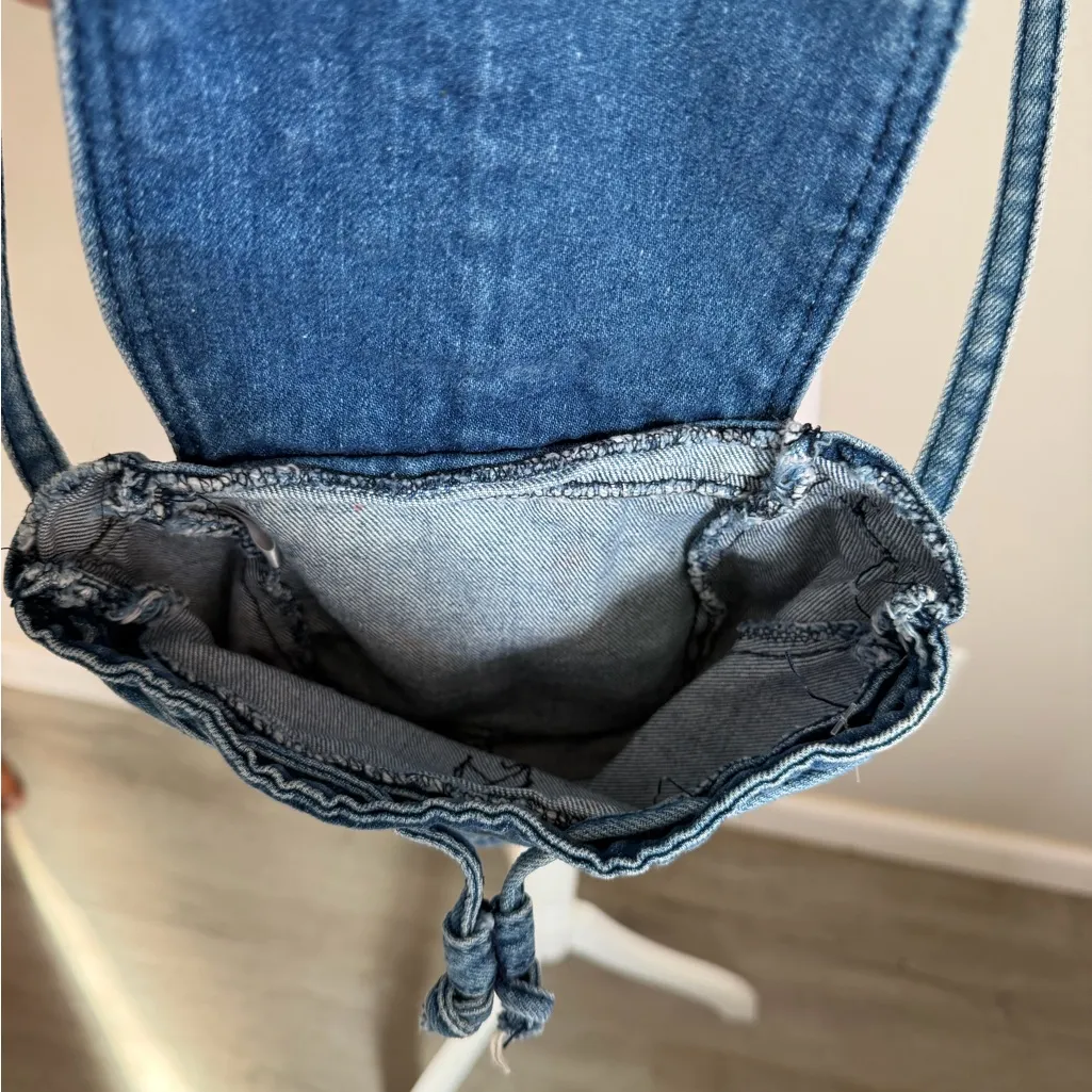 Vintage Boho Hippie Womens Blue Denim Crossbody Purse Handmade Rose embroidery - Image 3