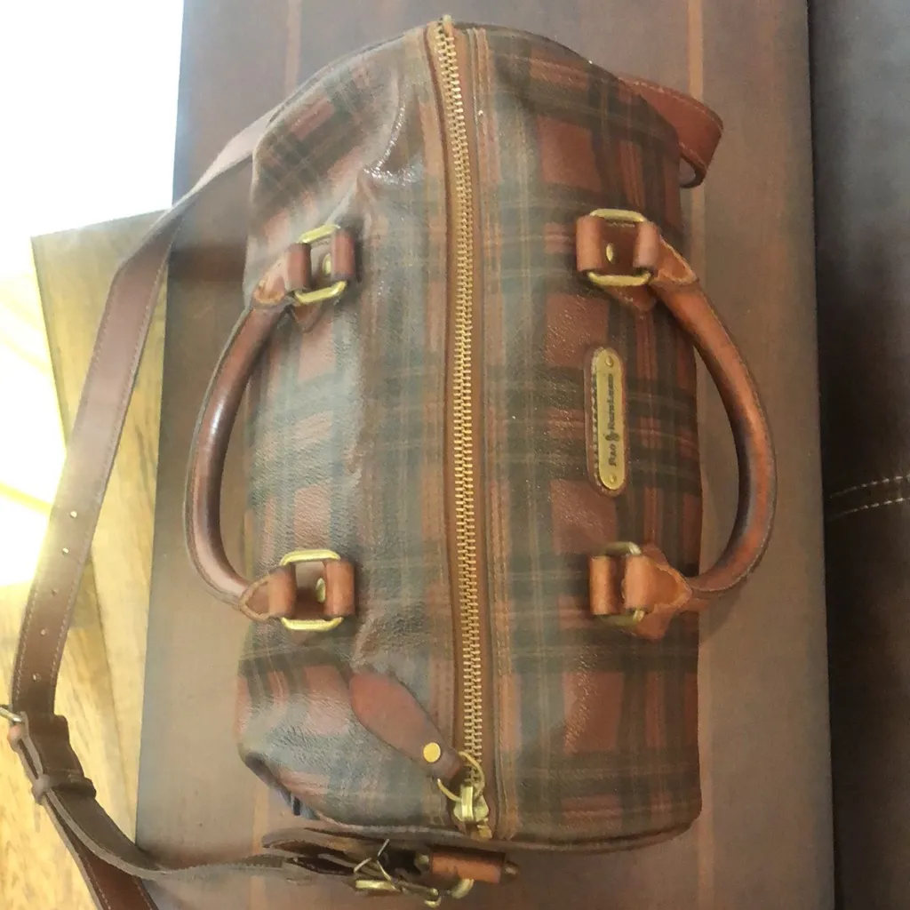 RALPH LAUREN Brown Green Tartan Plaid Boston Weekend Travel Duffle Bag Speedy - Image 12