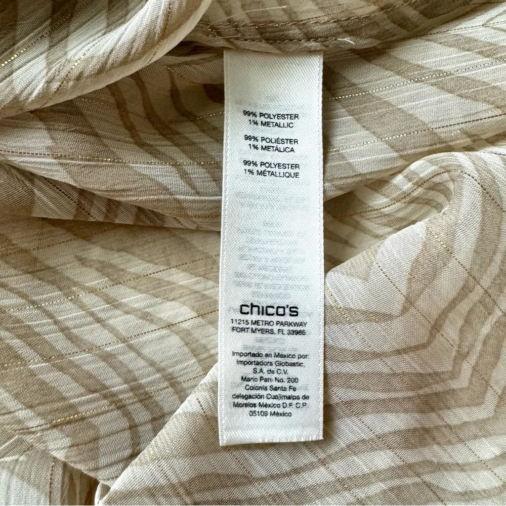 Chicos Animal Print Sheer Button Down Shirt 2 L Safari Mob Wife Beige Boho Zebra - Image 9