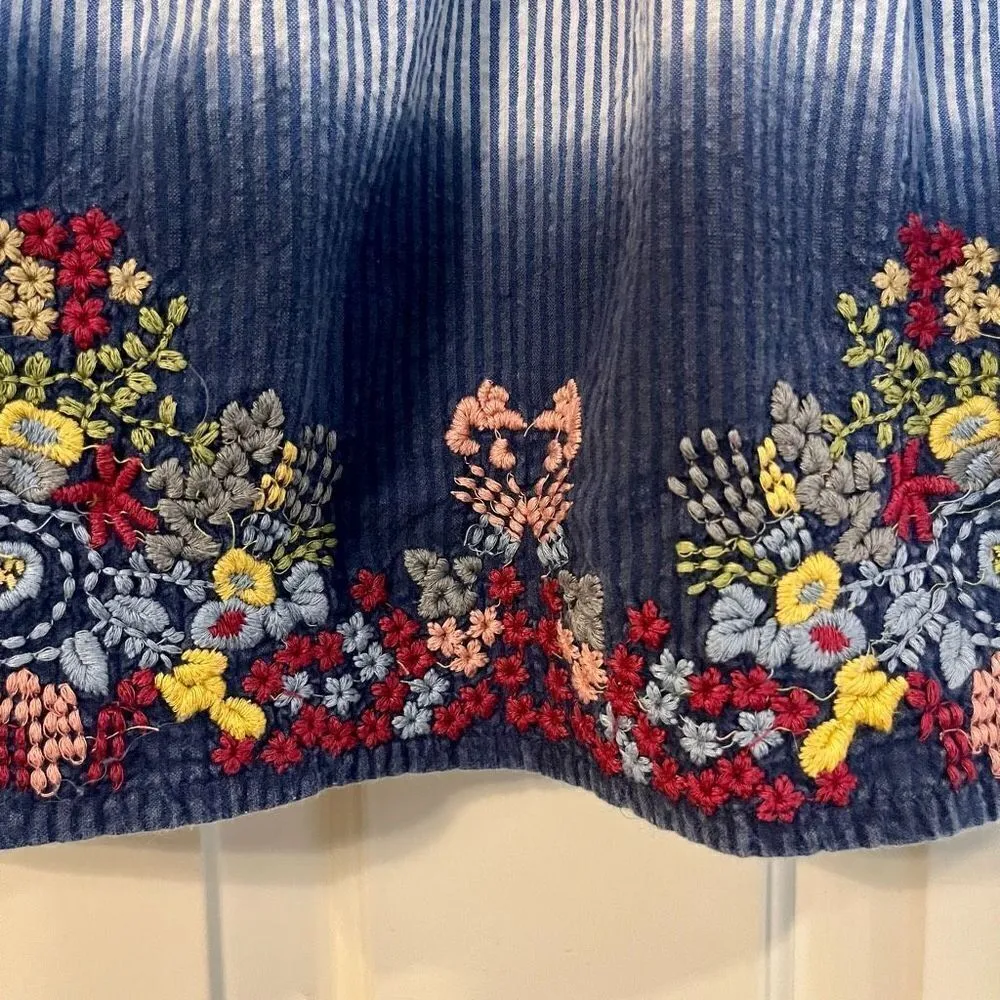 A Personal Touch Stripped Button Down Floral Embroidery Blouse Medium Blue - Image 6