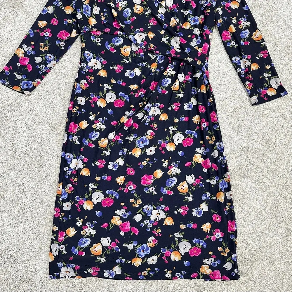 Lauren Ralph Lauren Cleora Front Twisted Floral Jersey Surplice Dress Navy 12 - Image 9