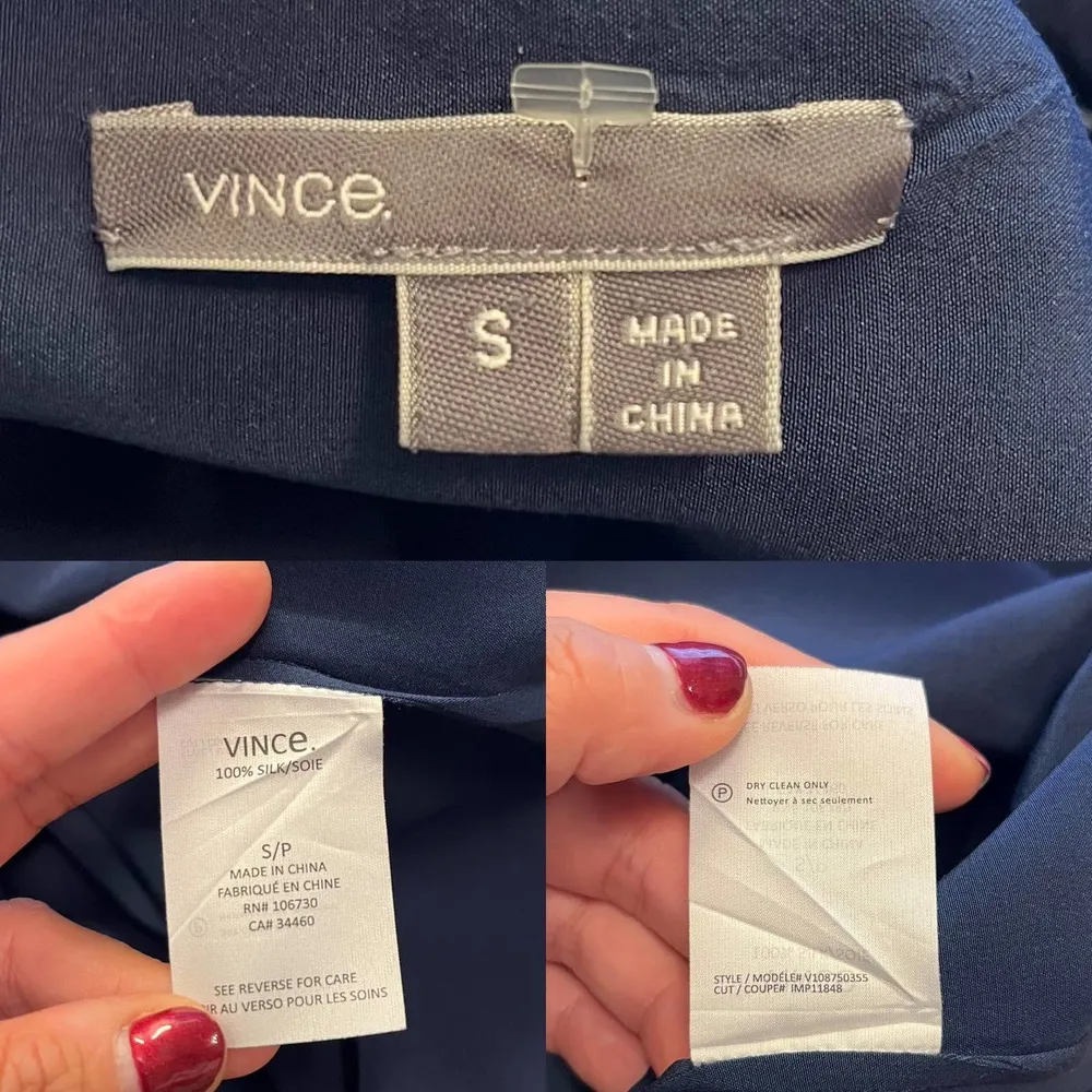 VINCE V-Neck Tunic Dress Midi Slip On Silk Short Sleeves Slip On Navy Small EUC - Image 4