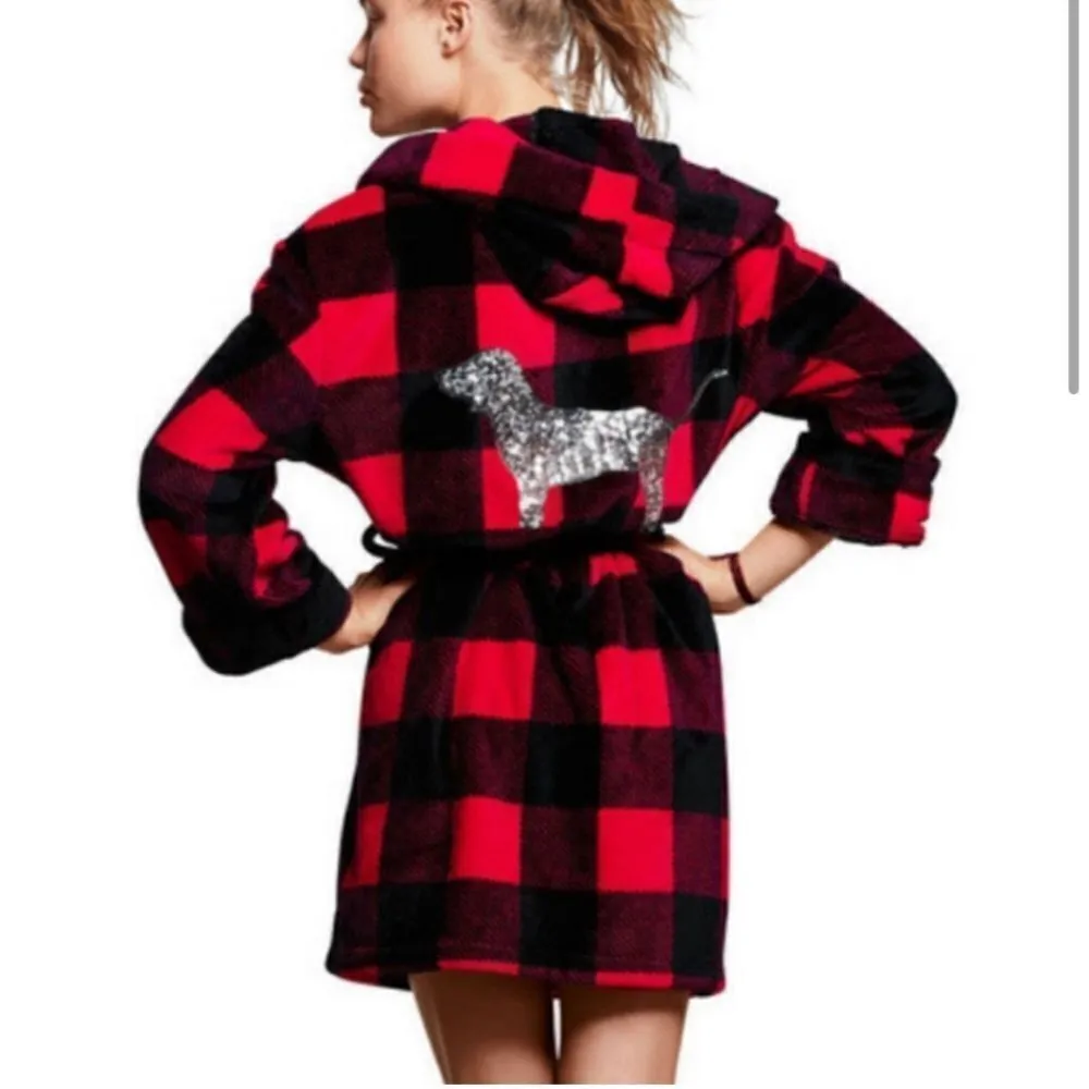 Victoria's Secret Pink Bling Plaid Fleece Hooded Robe Red/Black/Silver Sz XS/SM - Image 5