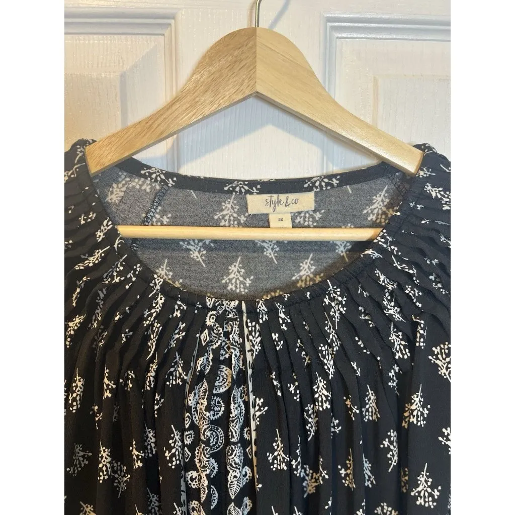 Style & Co Boho Pleated Front Tip Plus Size 2X Flutter Sleeve Floral Black Tan - Image 4